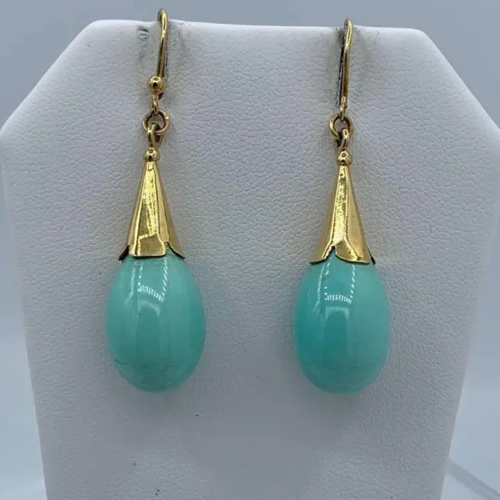 Persian Turquoise Earrings 18 Karat Gold Antique Retro 1.75" Dangle Drop Earring